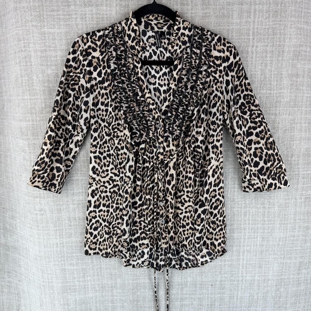 Love + Haight Blouse Womens S Beige Tunic 3/4 Sleeve V-Neck Ruffle Belted